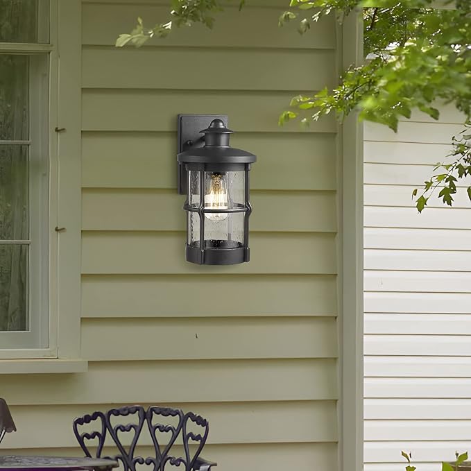 Outdoor Wall Sconces, Outdoor Wall Lights, Exterior Wall Mount Lighting, Exterior Fixture in Black Finish with Seeded Glass for Porch, Garage, Patio, Hallway, Entryway, Black 1 Pack