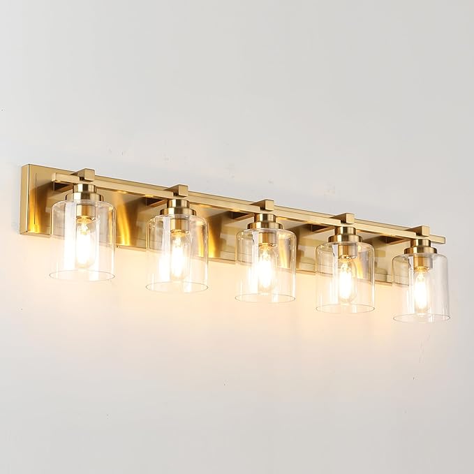 5 Light Modern Bathroom Light Fixtures Over Mirror, Brass Finish Vanity Lights for Bathroom Wall Sconces with Clear Glass Shades, E26 Socket (Bulbs Not Included)