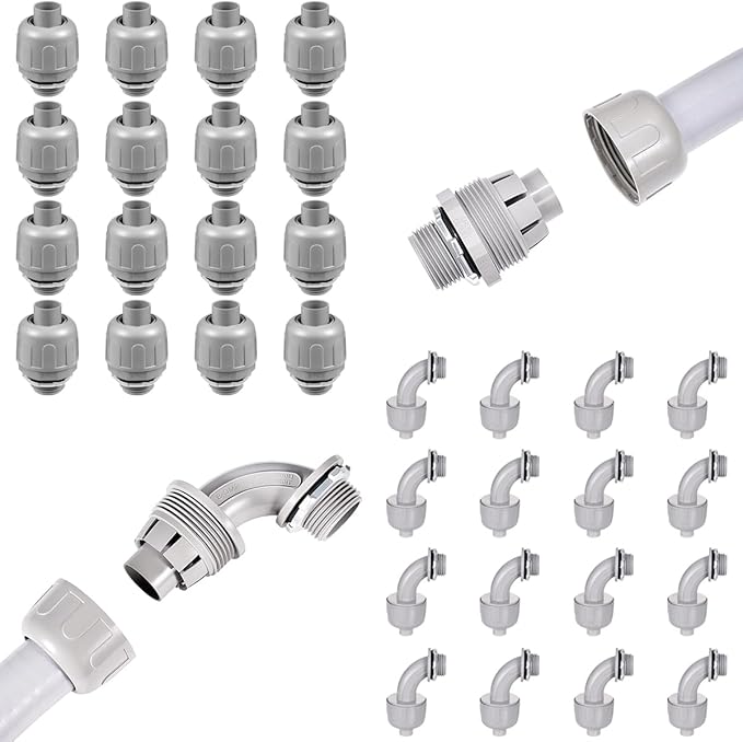 32 Pack 1/2 Inch Liquid Tight Connector NPT Non-Metallic PVC Electrical Flexible Conduit Fittings, UL Listed 16Pack 90D and 16 Pack 180D, Grey