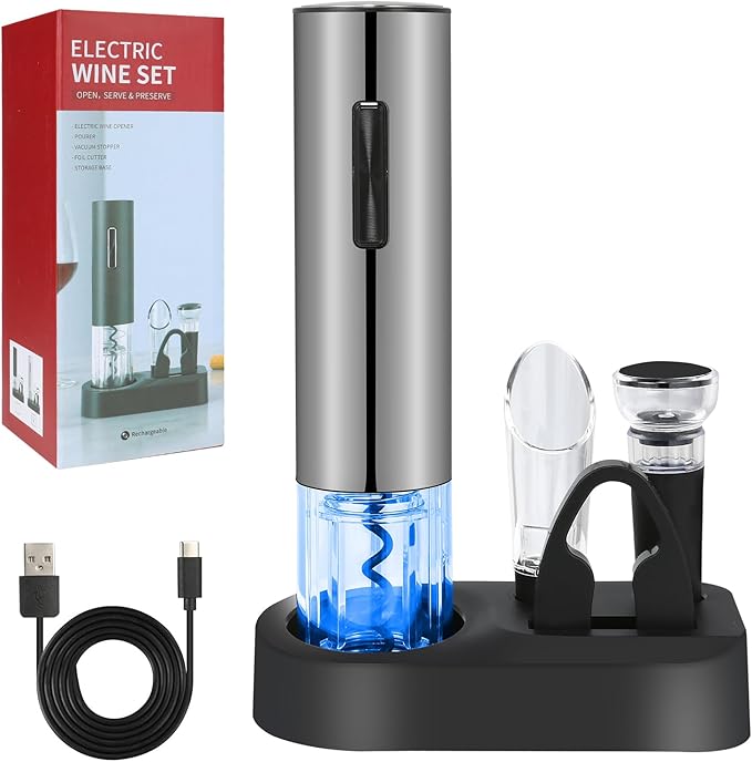 Electric Wine Bottle Opener Set- Silver, Automatic Wine Bottle Opener with Led Light, Rechargeable Corkscrew Kit with Aerator，Foil Cutter，Stoppers