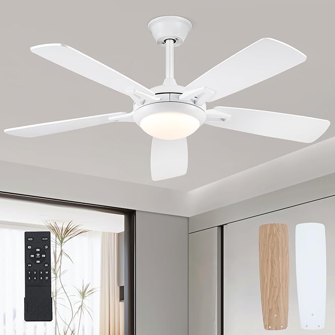 52 Inch Ceiling Fans with Lights and Remote, Modern Indoor Outdoor Ceiling Fan for Bedroom Living Room Patio Porch, 6 Speeds, Reversible Quiet Motor, Dual Finish Wooden Blades, White