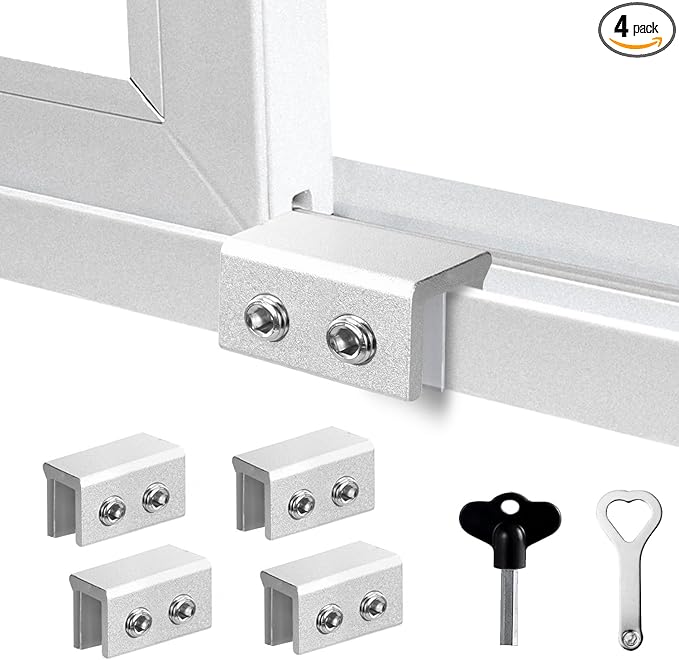 Window Locks for Up and Down Windows 4 Pack Window Stopper Sliding Window Lock for Vertical Horizontal Sliding Windows Doors with Key Aluminum Window Security Locks Child Proof(Silver Medium)