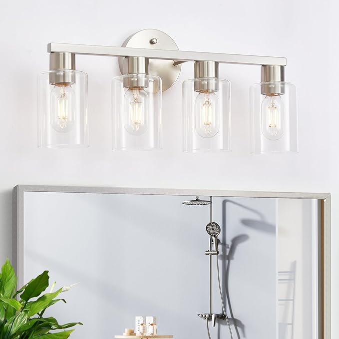 4 Light Bathroom Vanity Light, Brushed Nickel 4-Light Bathroom Light Fixtures, Vanity Lights for Make-Up Mirror, Modern Lighting Fixtures with Clear Glass Shade for Bedroom Living Room