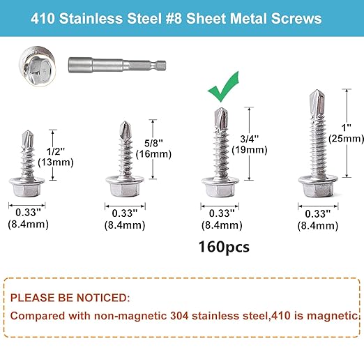 QSJ 160 PCS #8 x 3/4'' Sheet Metal Screws 410 Stainless Steel Hex Washer Head Fast Self Tapping Screws with Screwdriver