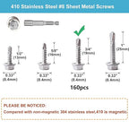 QSJ 160 PCS #8 x 3/4'' Sheet Metal Screws 410 Stainless Steel Hex Washer Head Fast Self Tapping Screws with Screwdriver
