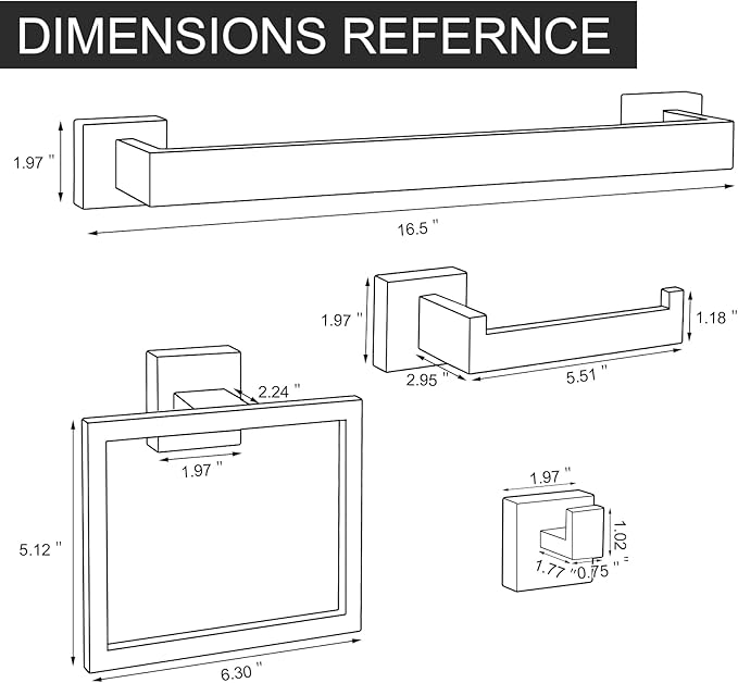 5-Piece Matte Black Bathroom Accessories Set, SUS304 Stainless Steel Wall Mounted 16 Inch Hand Towel Bar, Toilet Paper Holder, Towel Ring, Towel Hooks, Bathroom Hardware Set, Towel Bar Set