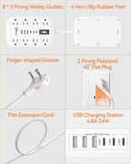 2 Prong Power Strip, 3 to 2 Prong Outlet Adapter, 1700J 2 Prong Surge Protector 5ft Extension Cord with Thin Flat Polarized Plug, 8 AC & 6 USB, Wall Mount for Non-Grounded Outlet, Ideal for Old House