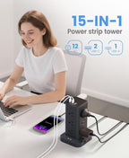 Power Strip Tower with Surge Protector 1800J, Fast Charging Tower PD20W USB-C Ports with 12 AC Outlets, 10ft Extension Cord for Home Office Dorm Room, Black