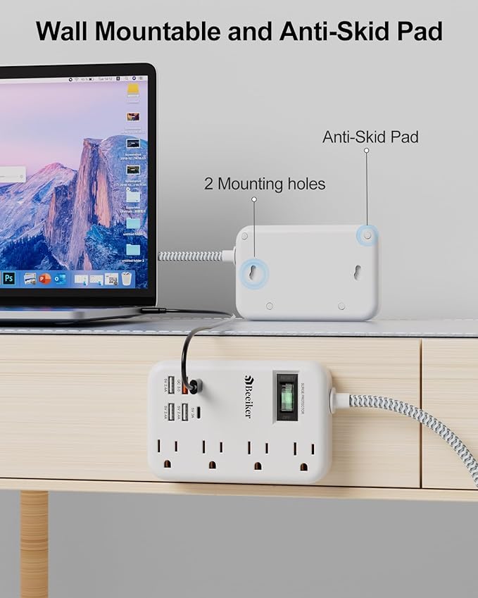 45W USB C Surge Protector Power Strip, Travel Power Strip with 6 USB(2 USB C) Ports and 4 Outlets,5Ft Flat Plug Braided Extension Cord, PD 45W Fast Charging for MacBook Laptops iPad Pro iPhone Samsung