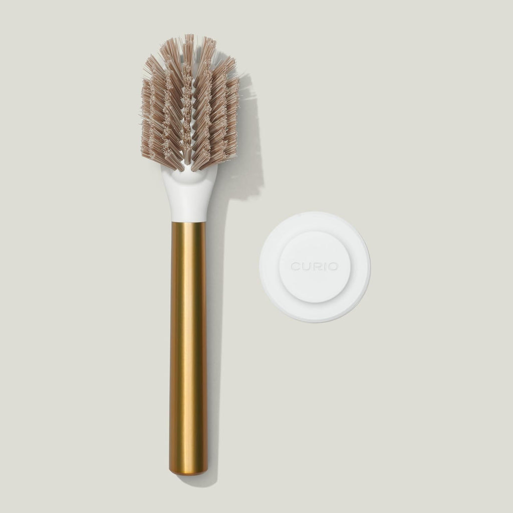 Ionic Dish Brush, Magnetized to Stand Upright, Stainless Steel with Replaceable Head, Brass/Gold
