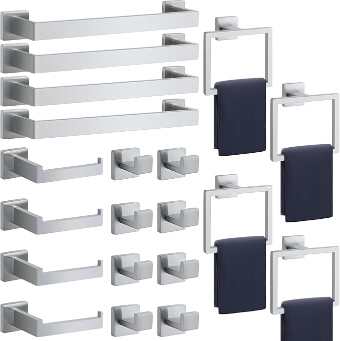 Bathroom Accessories Towel Bar Set: 20 Pieces Brushed Nickel Square Bathroom Hardware SUS304 Stainless Steel - Wall Mounted Towel Rack&Toilet Paper Holder&Towel Ring and Towel Hook