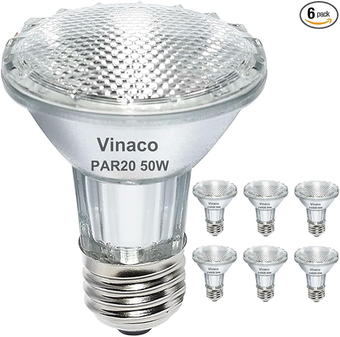 Vinaco Par20 Bulbs, 6 Pack 120V 50W Par20 Flood Light Bulbs, E26 Medium Base Long Lasting Life High Output Par20 50W Halogen Bulb -Warm Light