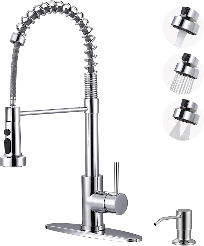 Chrome Kitchen Faucet with Soap Dispenser: Stainless Steel Kitchen Faucet with Pull Down Sprayer for Sink 2 or 4 Hole - 3 Modes Single Handle Kitchen Sink Faucets for Farmhouse RV Laundry Bar