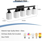 5-Light Bathroom Vanity Light, Modern Matte Black Bathroom Light Fixtures with Square Frosted Glass, Wall Sconces fixtures Over Mirror Restroom,Living Room Hallway E26