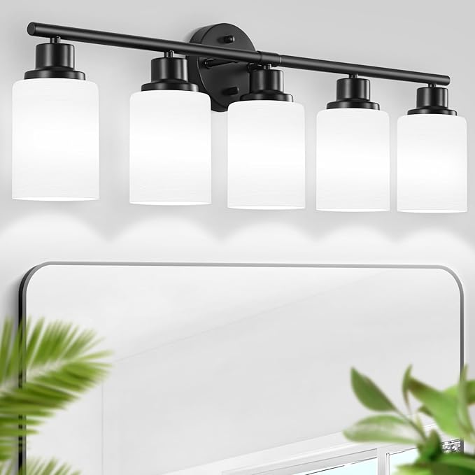 5-Light Bathroom Light Fixtures, E26 Base Vanity Lights for Mirror with Textured Milky White Glass Shade, Modern Kitchen Light Fixtures Wall Sconce Light - Black