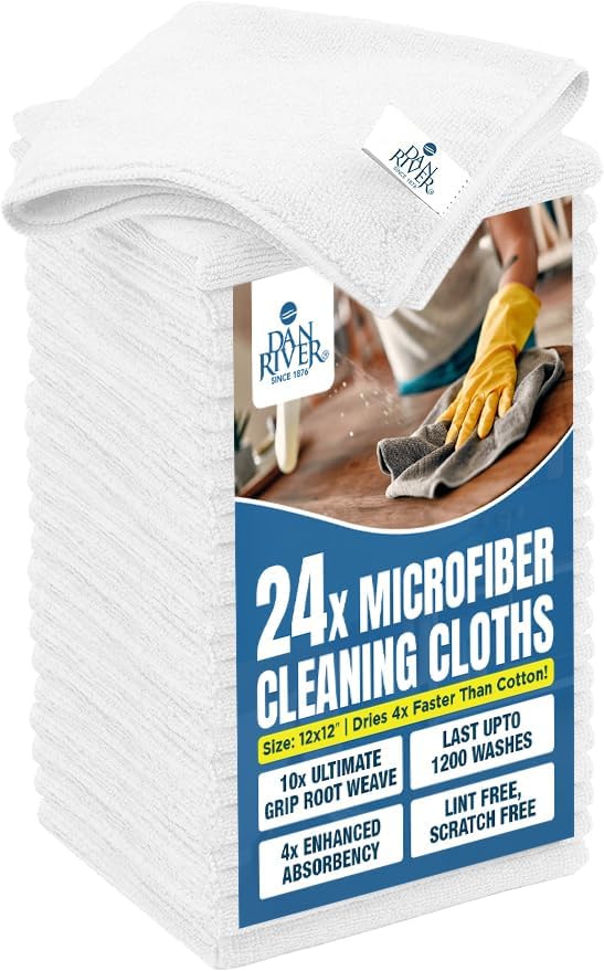 DAN RIVER 24-Pack White Microfiber Towels – Ultra Absorbent, Lint Free Towels & Streak-Free for Home, Car & Kitchen - Must-Have Cleaning Essentials - 12" x 12"