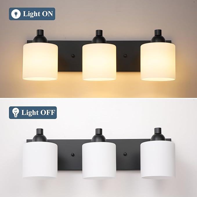 Milk Glass Vanity Lights for Bathroom, 3 Light Matte Black Bathroom Light Fixtures Over Mirror, Ceramic E26 Sockets Wall Mounted