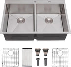 SHACO 33x22 Inch 50/50 Double Bowl Drop In Kitchen Sink 16 Gauge 33 Inch Stainless Steel Kitchen Sink Top Mount with Grid and Accessories