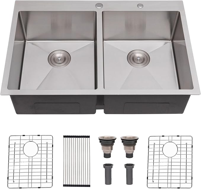 SHACO 33x22 Inch 50/50 Double Bowl Drop In Kitchen Sink 16 Gauge 33 Inch Stainless Steel Kitchen Sink Top Mount with Grid and Accessories