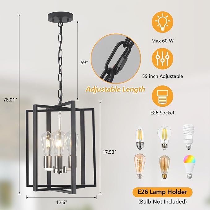 Modern Farmhouse Chandelier for Dining Room, 3 Light Black and Nickel Entryway Light Fixture Adjustable Pendant Lights Kitchen Island Rustic Hanging Chandelier for Foyer Living Room Hallway Bedroom