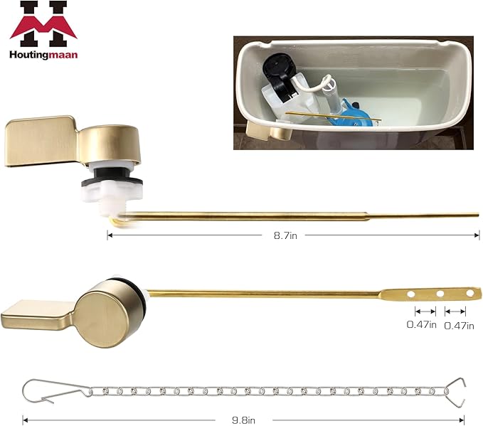 Houtingmaan Toilet Handle Replacement Kit,Toilet Handle Lever for Most Front Mount Toilets, Universal Brass Toliet Flush Handle Lever with Stainless Steel Flapper Chain,Gold