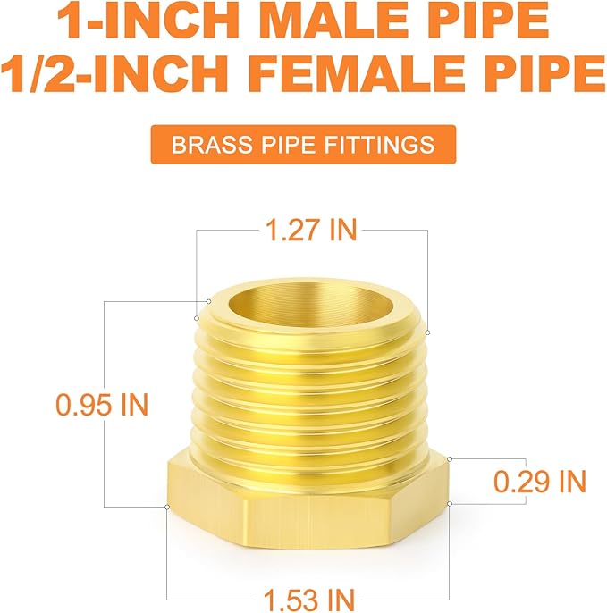GASHER 5Pcs Brass Reducer Hex Bushing 1" NPT Male x 1/2" NPT Female, Brass Threaded Pipe Fitting