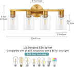 4 Light Gold Bathroom Vanity Light, Brushed Brass Bathroom Light Fixtures with Clear Glass Shade, Modern Wall Lamp Sconce Lighting for Bath Mirror Bedroom Living Room Hallway Porch