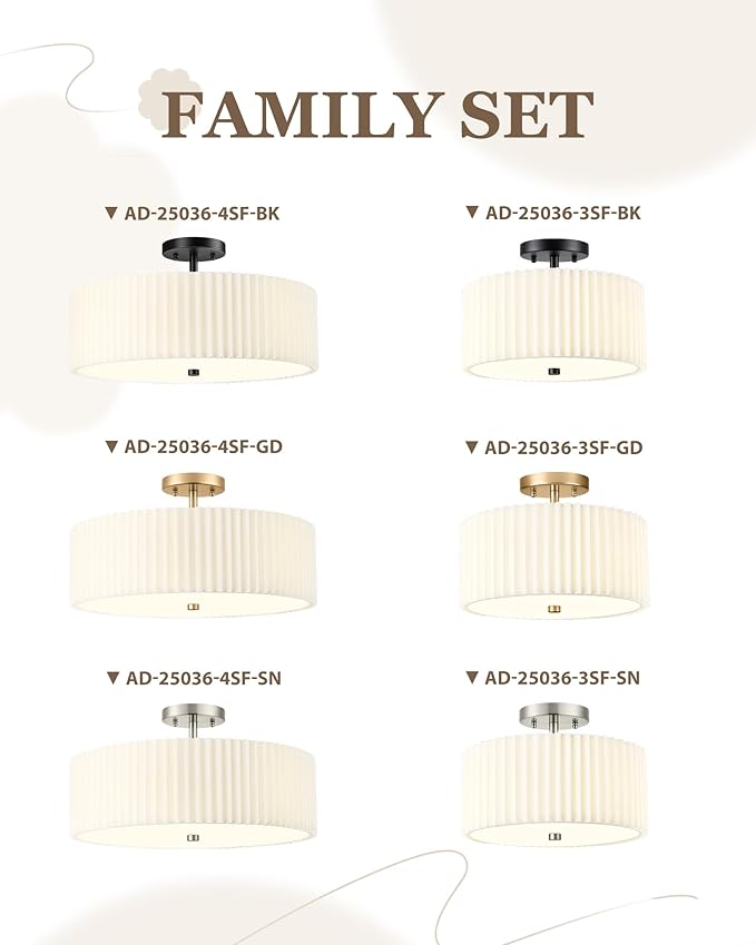 Semi Flush Mount Ceiling Lights, 4-Light 18" Matte Black Ceiling Light Fixture with White Pleated Fabric Shade, Drum Lamp for Nursery Hallway Bedroom Kitchen, AD-25036-4SF-BK