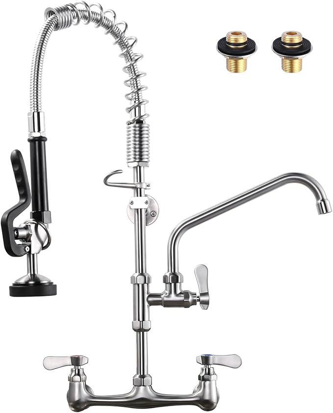 [New Upgrade] Brushed Nickel Commercial Kitchen Faucet with Pre-Rinse Sprayer 8 Inch Center Wall Mount Kitchen Sink Faucet with 9.6" Add-on Swing Spout 25" Height Faucet with Pull Down Spray