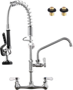 [New Upgrade] Brushed Nickel Commercial Kitchen Faucet with Pre-Rinse Sprayer 8 Inch Center Wall Mount Kitchen Sink Faucet with 9.6" Add-on Swing Spout 25" Height Faucet with Pull Down Spray