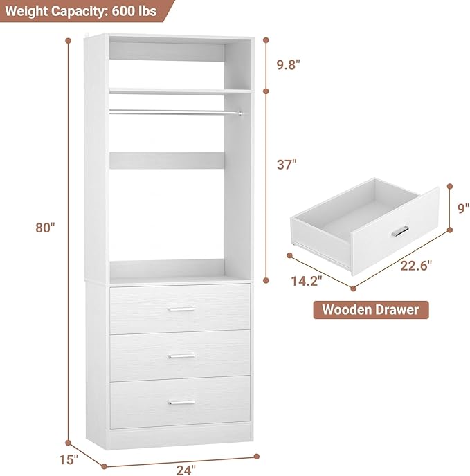 Freestanding 2FT Closet System with 3 Wood Drawers, 24" Closet Organizer System with Hanging Rod & Shelves, Walk-in Closet Systems for Small Closets, White (24"L x 15" W x 80" H)