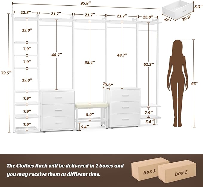 Aheaplus 8FT Closet Organizer with 6-Drawers, 96'' Wood Organizer with Storage, Clothing Rack Wardrobe Closet Garment Rack for Hanging Clothes, Bedroom, White