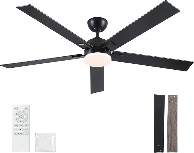 60 Inch Ceiling Fans with Lights and Remote, 6 Speed Reversible DC Motor, 3CCT Dimmable LED, 5 Blades, Black Modern Ceiling Fan for Bedroom, Living Room & Covered Outdoor, Includes Downrod
