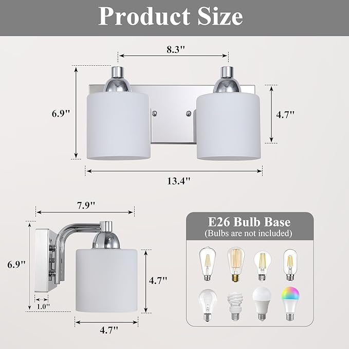 Stainless Steel Milk Glass Vanity Lights for Bathroom, 2 Light Polished Chrome Bathroom Light Fixtures Over Mirror, Ceramic E26 Sockets Wall Mounted