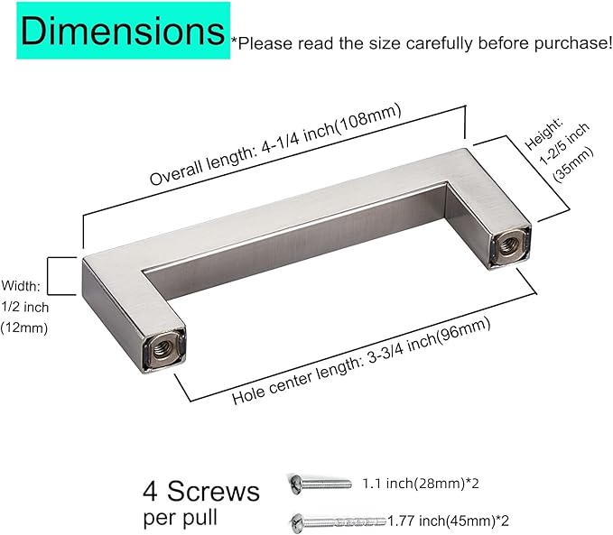10 Pack Brushed Nickel Cabinet Pulls 3 3/4 Inch Hole Center Square Cabinet Pulls Drawer Handles Cupboard Handles Modern Stainless Steel Kitchen Cabinet Hardware