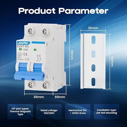 AC Miniature Circuit Breaker, 120V/240V 2 Pole 40 Amp DIN Rail Mount Circuit Breaker, MCB C40 Solar AC Disconnect Switch,Thermal Magnetic Trip