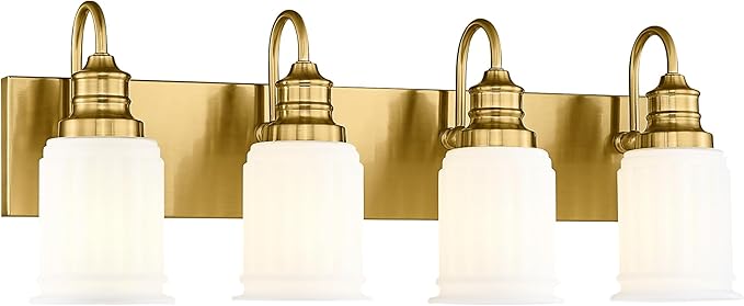 Bathroom Light Fixtures 4-Lights, HWH Brushed Gold Vanity Light Modern Bathroom Vanity Lights Over Mirror, 26'' Antique Brass Vanity Light with Frosted White Bell-Shaped Fluted Glass, 5HZG106B-4W BG