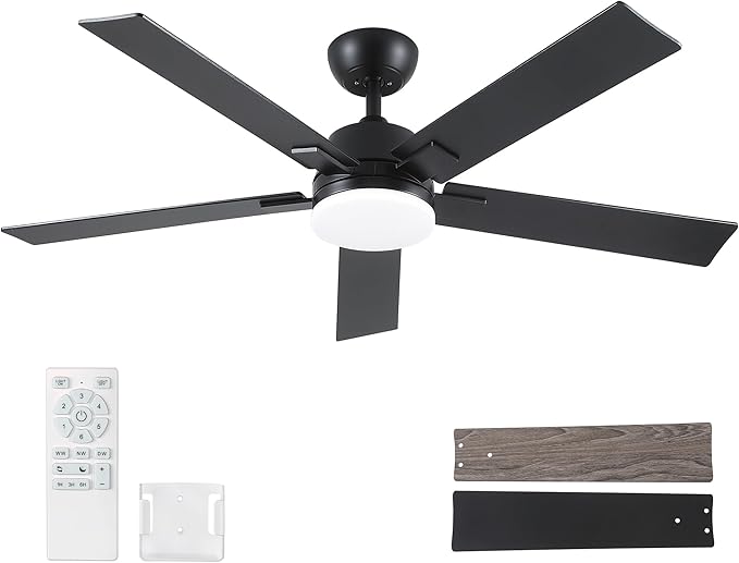 52 Inch Ceiling Fans with Lights and Remote, Black Ceiling Fan with 5 Blades, 6 Speed Reversible DC Motor, 3CCT Dimmable LED, Modern Design for Bedroom, Living room & Covered Outdoor,Includes Downrod