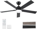 52 Inch Ceiling Fans with Lights and Remote, Black Ceiling Fan with 5 Blades, 6 Speed Reversible DC Motor, 3CCT Dimmable LED, Modern Design for Bedroom, Living room & Covered Outdoor,Includes Downrod