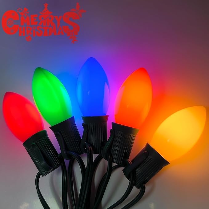 C9 Multicolor Christmas Light Bulbs, 25 Pack C9 Ceramic Color Replacement Bulbs Vintage Incandescent Light Bulbs for Christmas String Lights Outdoor Holiday Decor, E17/C9 Intermediate Base, 7 Watts