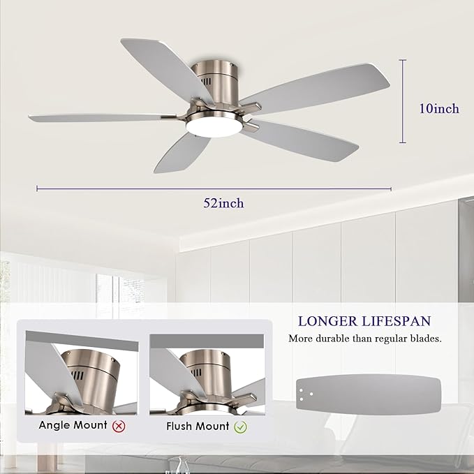 52 inch Ceiling Fans with Lights, Flush Mount Ceiling Fan with Light and Remote/APP Control, DC Motor, Dimmable LED, Noiseless, Low Profile Ceiling Fan for Bedroom Indoor/Outdoor Use (Nickel