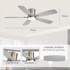 52 inch Ceiling Fans with Lights, Flush Mount Ceiling Fan with Light and Remote/APP Control, DC Motor, Dimmable LED, Noiseless, Low Profile Ceiling Fan for Bedroom Indoor/Outdoor Use (Nickel