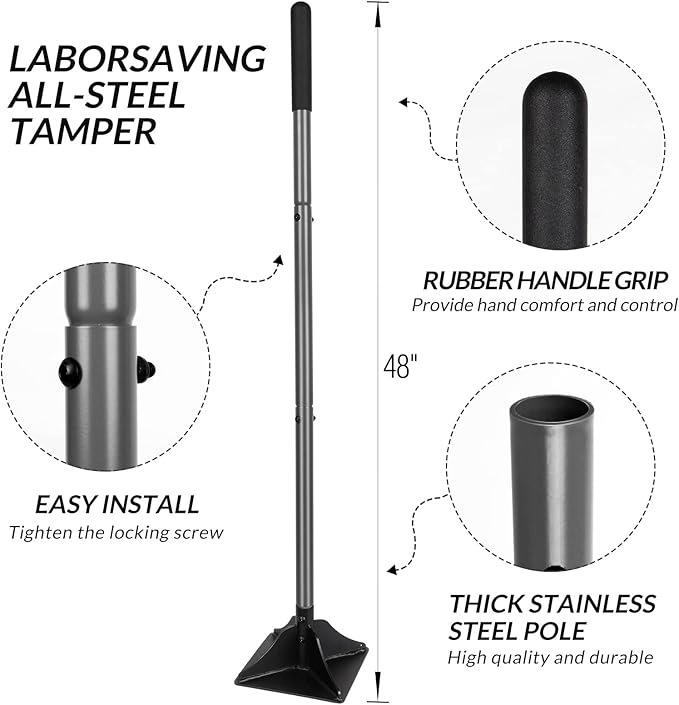 Walensee Steel Tamper with 48 inch Handle 8"x8" Garden Rubber Grip for Laborsaving All-Steel Heavy Duty Ideal Tool Leveling Ground Installing pavers and Repairing Blacktop