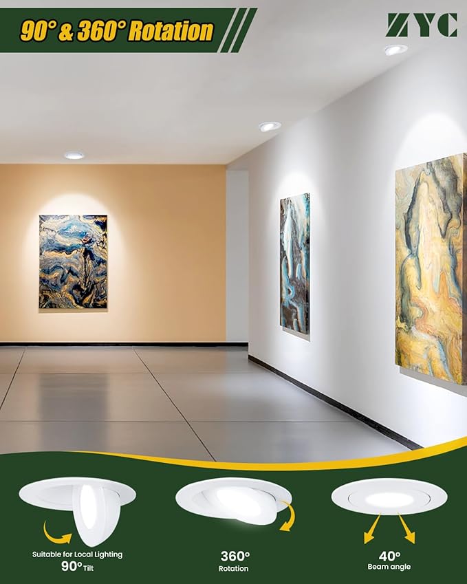 ZYC Black LED Recessed Light: 4 inch Gimbal LED Recessed Lighting Swivel Downlight 9W 800LM 360° Rotation,Directional Adjustable Eyeball Soffit Light,Swivel Ceiling Spotlight,Pack of 10 Black.