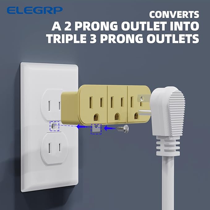 ELEGRP 2 to 3 Prong Grounded Triple Outlet Extender, Adapter Converters for Wall Outlets, Portable Polarized Wall Plug Splitter With 3 AC Outlets, ETL Listed, 2 Pack