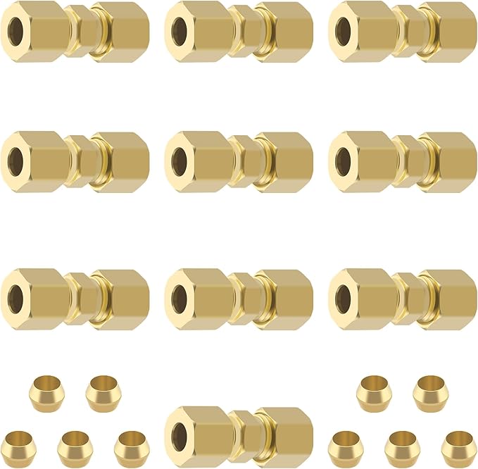 Brass Tube Pipe Compression Fitting, 10 Pcs 1/4" Tube OD x 1/4" Tube OD Ice Maker Water Line Compression Union Connector & 10 PCS Compression Sleeves Ferrules