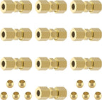 Brass Tube Pipe Compression Fitting, 10 Pcs 1/4" Tube OD x 1/4" Tube OD Ice Maker Water Line Compression Union Connector & 10 PCS Compression Sleeves Ferrules