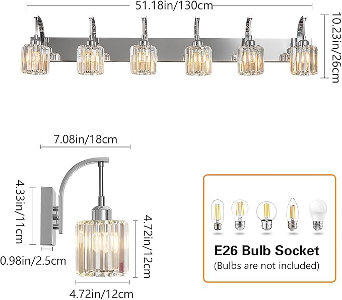 6-Light Crystal Vanity Light, Chrome Modern Wall Sconce with K9 Crystal Shades, 51.18" Long Over Mirror Lighting for Bathroom, Makeup, Hallway, Elegant & Easy Install