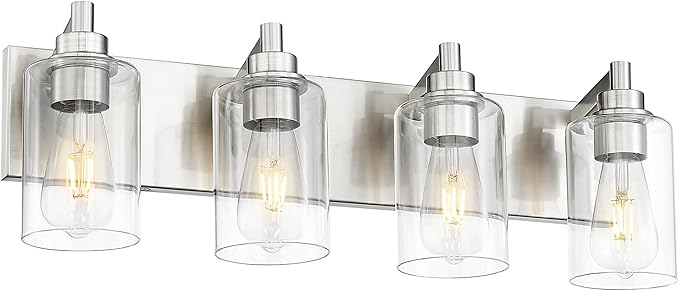 4-Light Bathroom Light Fixtures, Brushed Nickel Vanity Light with Cylinder Clear Glass Shade, Modern Vanity Lighting Fixtures Over Mirror, VL143-BN-4