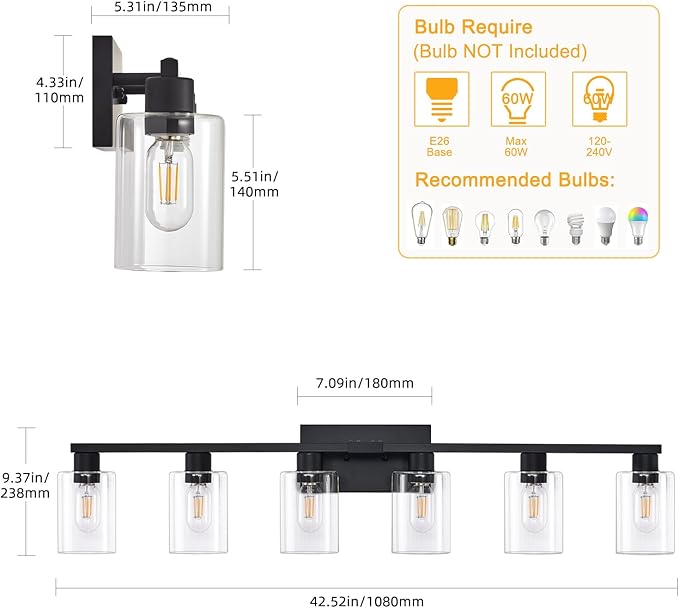 6-Light Vanity Lights,Large Vanity Light for Bathroom Black Vanitii Lights with Clear Glass Shade,Bathroom Light Fixtures Over Mirror
